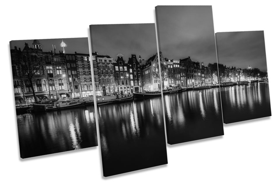 Amsterdam Canal City Night Black and White Multi CANVAS WALL ART Framed Panel