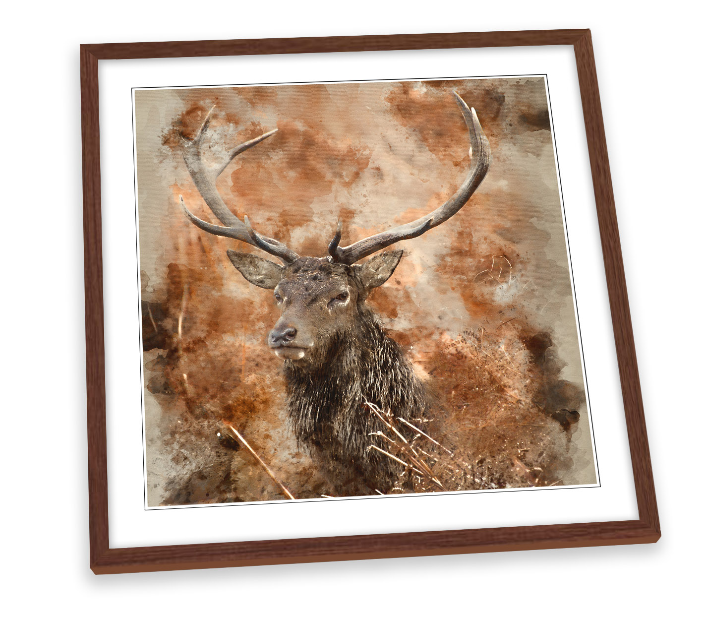 Stag Antlers Abstract Watercolour Canvas Print Framed Wall Art Picture Brown