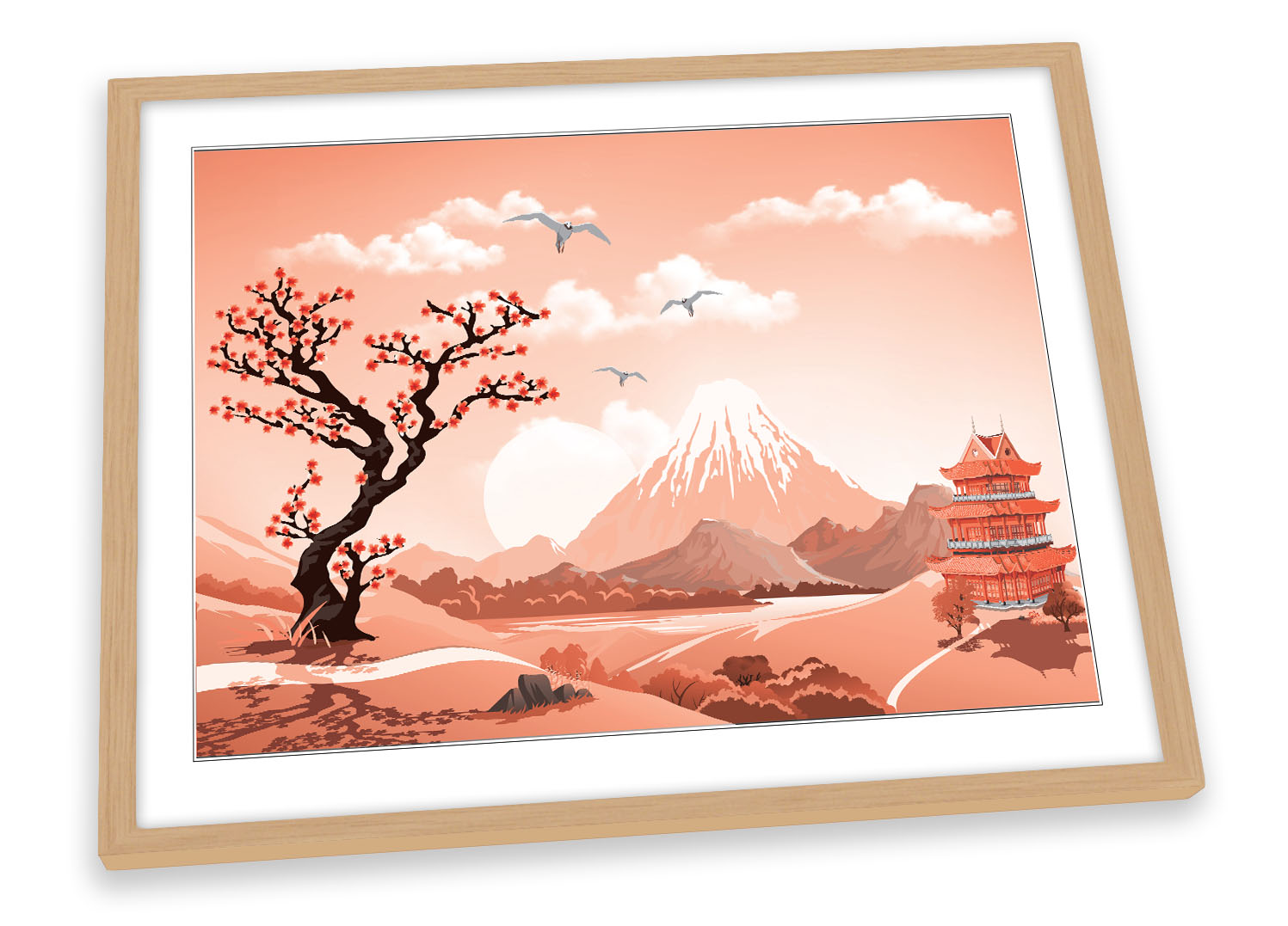 Asian Landscape Japanese Print TREBLE CANVAS WALL ART Picture Pink 